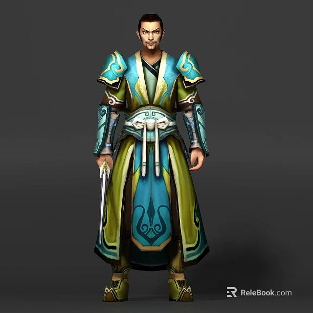 Ancient Mythical Game Movie Character in Blue Green Yellow Robes with Intricate Patterns and Sword 3d model 