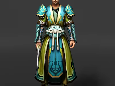 Ancient Mythical Game Movie Character in Blue Green Yellow Robes with Intricate Patterns and Sword 3d model
