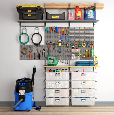 Organized Hardware Tools Storage With Pegboard Wrenches Screwdrivers Pliers And DEWALT Bins 3d model