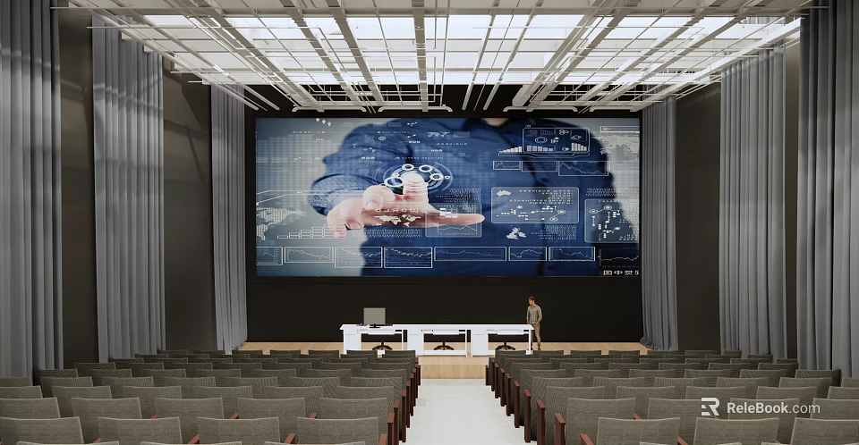 School Lecture Hall With Large Screen Showing Hand And Diagrams Seats And Person Near Podium 3d model 
