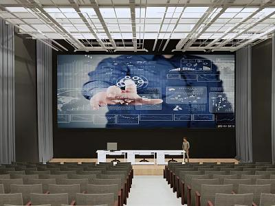 School Lecture Hall With Large Screen Showing Hand And Diagrams Seats And Person Near Podium 3d model