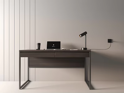 Modern Home Office Desk With Laptop Table Lamp Mug And Minimalist Wall 3d model