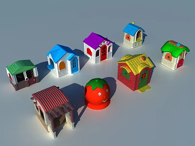 Colorful Mini Toy Houses With Red Tomato Shaped Decorative Piece 3d model