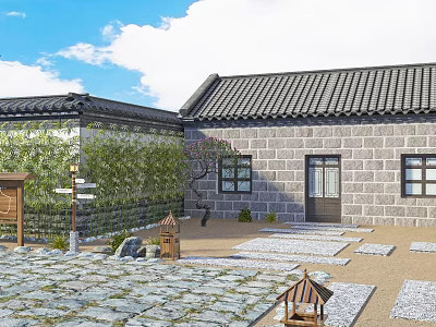 Traditional Garden Landscape with Courtyard Stone Pathway Plants and Stone Lanterns 3d model