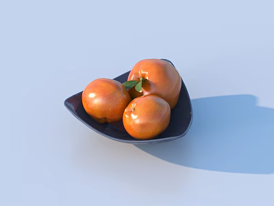 Three fresh persimmons on black plate with green leaf against light blue background 3d model
