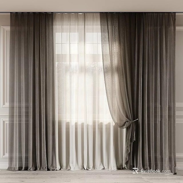Elegant Sheer Curtains Tied Back With Light Filtering Layers For Modern Window Interior 3d model 