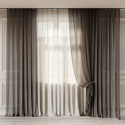 Elegant Sheer Curtains Tied Back With Light Filtering Layers For Modern Window Interior 3d model