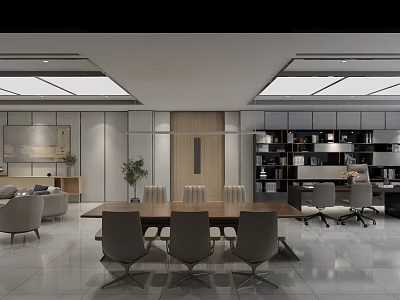 Modern Office Interior With Meeting Area Long Wooden Table Chairs Bookshelves Sofa And Plants 3d model