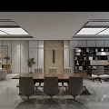 Modern Office Interior With Meeting Area Long Wooden Table Chairs Bookshelves Sofa And Plants