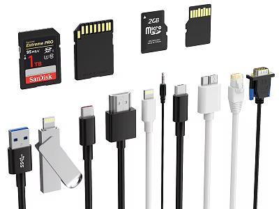 Essential Mobile Digital Accessories Featuring Memory Cards Data Cables And Card Readers 3d model