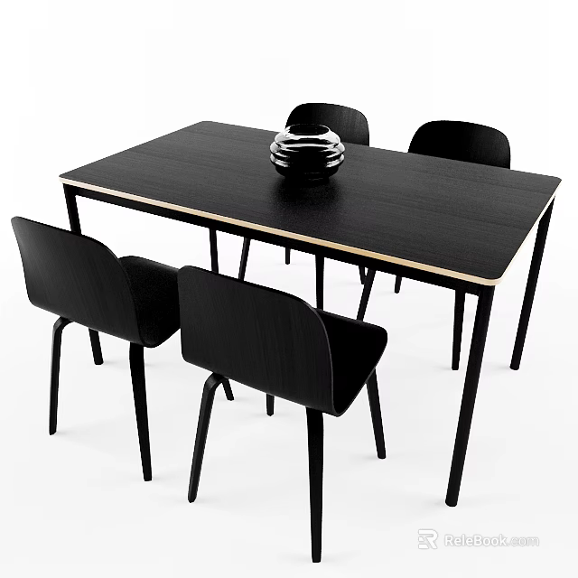 Modern Black Rectangular Dining Table Set With Four Chairs And Vase 3d model
