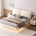 Double Bed With Beige Upholstered Headboard LED Light Strip Light Gray Sheets And Brown Blanket