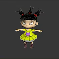Cartoon Girl With Black Hair Three Braids Red Hair Ties Yellow Dress Purple Shoes
