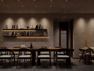 Chinese Restaurant Interior With Long Table Bookshelf Pendant Lights Wooden Furniture And Gray Walls 3d model