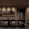 Chinese Restaurant Interior With Long Table Bookshelf Pendant Lights Wooden Furniture And Gray Walls