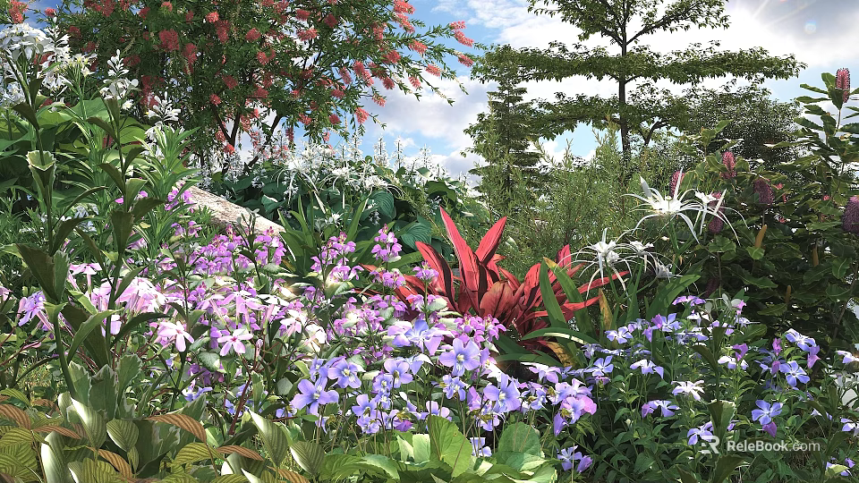Colorful Flowering Shrubs In Garden Landscape With Purple Blooms Red Foliage And Green Leaves 3d model 