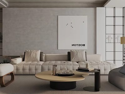 Modern Living Room Interior With Light Gray Sofa Round Coffee Table And Decorative Painting 3d model