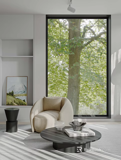 Beige Sofa and Black Coffee Table with Large Window Green Trees White Bookshelf and Painting 3d model 