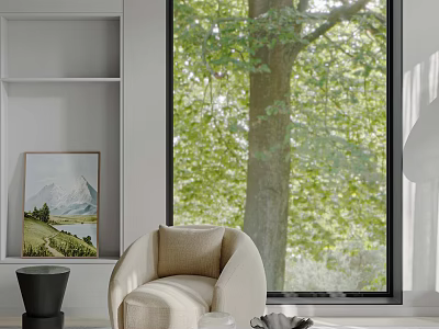 Beige Sofa and Black Coffee Table with Large Window Green Trees White Bookshelf and Painting 3d model