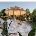 Garden Landscape With Bamboo Pavilion Misty Atmosphere And Lush Green Plants