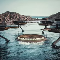 Cartoon Scenery of Futuristic Waterfront Structures with Floating Platforms Helicopter Mountainous Background and Small Boat