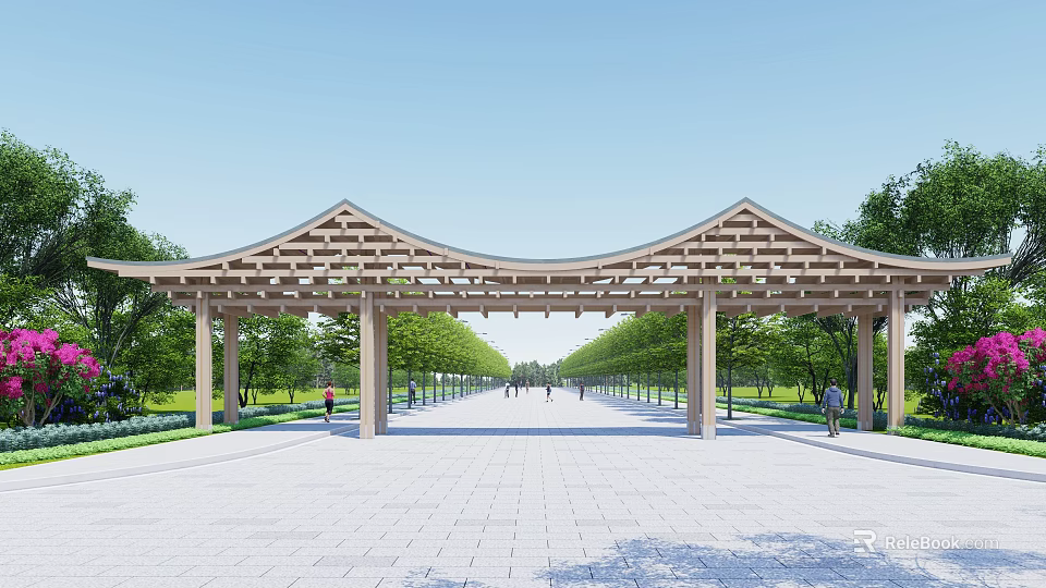 Wooden Arch Entrance Gate With Green Trees And Paved Pathway For Pedestrians 3d model 