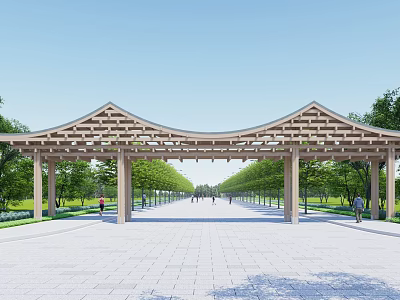 Wooden Arch Entrance Gate With Green Trees And Paved Pathway For Pedestrians 3d model