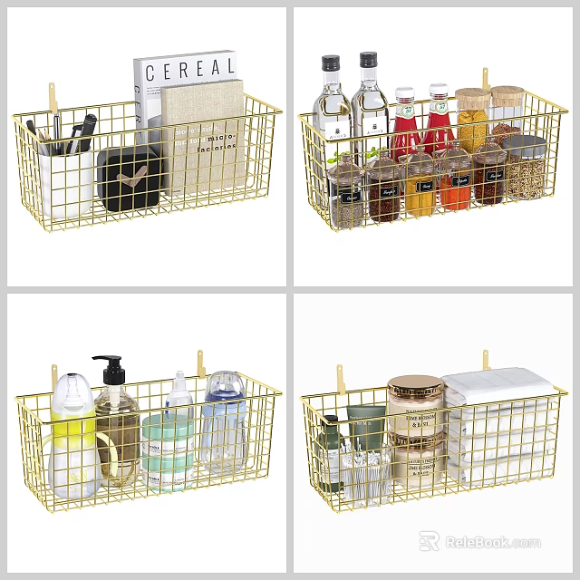 Gold Wire Storage Baskets for Kitchen Bathroom Office Organization and Home Use 3d model 