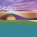 Unique Architectural Structure With Circular Center Colorful Petal Shaped Roofs And Surrounding Greenery