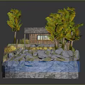 Cartoon Scene Featuring Wooden Cabin Green Trees Rocks Campfire And Water