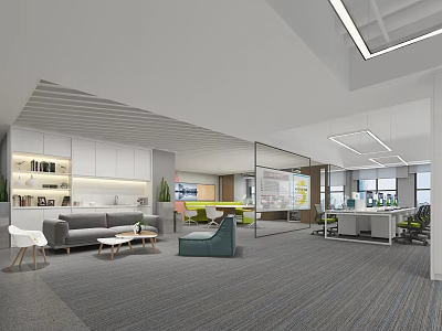 Modern Office Desk Setup With Sofa Coffee Table And Glass Partitions In Open Workspace 3d model