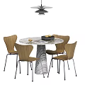 Modern Dining Table Set With Marble Top Textured Column Base And Wooden Chairs 3d model