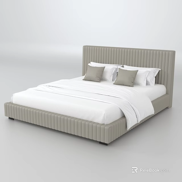 Modern Double Bed With Light Gray Tufted Headboard White Bedding And Pillows 3d model