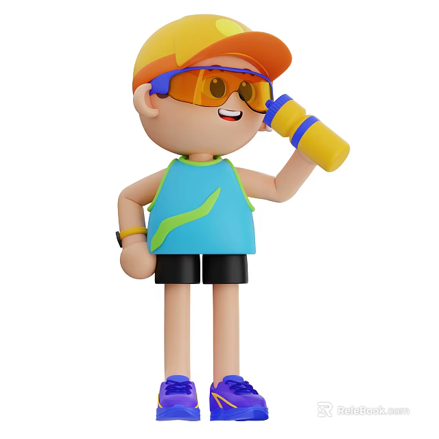 Man In Sportswear Wearing Cap Sunglasses Drinking From Yellow Water Bottle 3d model 