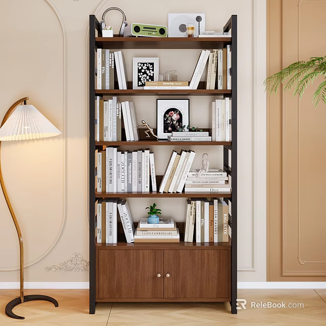 Modern Wooden Bookshelf With Multi tiered Shelves Books Photo Frames And Small Potted Plant 3d model 