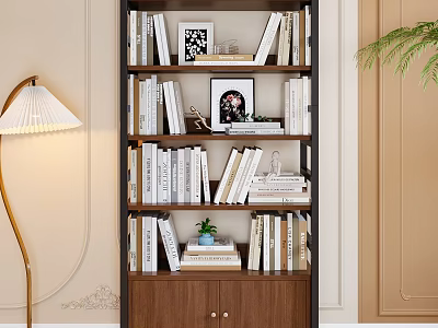 Modern Wooden Bookshelf With Multi tiered Shelves Books Photo Frames And Small Potted Plant 3d model