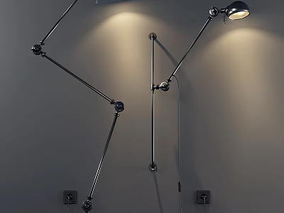 Metal Wall Lamp Lighting Combination with Adjustable Long Arms Round Shades Illuminated on Gray Wall 3d model