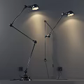 Metal Wall Lamp Lighting Combination with Adjustable Long Arms Round Shades Illuminated on Gray Wall