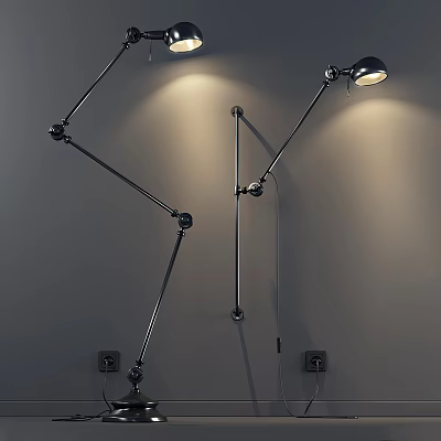 Metal Wall Lamp Lighting Combination with Adjustable Long Arms Round Shades Illuminated on Gray Wall 3d model
