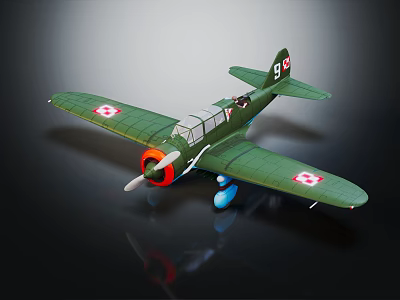 Green Model Airplane with Red Cross on Wings Number 9 Tail and Blue Wheels 3d model