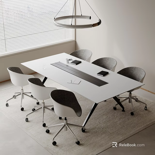 Modern White Conference Table In Meeting Room With Rolling Office Chairs And Window Blinds 3d model 