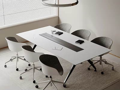 Modern White Conference Table In Meeting Room With Rolling Office Chairs And Window Blinds 3d model