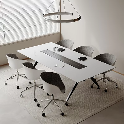 Modern White Conference Table In Meeting Room With Rolling Office Chairs And Window Blinds 3d model