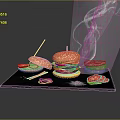 Delicious Juicy Burger with Smoke on Black Tray Sliced Onions and Sausage Slices