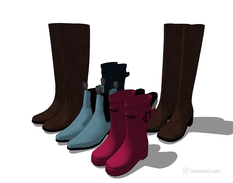 Assorted Colorful Boots Collection Including Tall and Short Styles in Brown Blue Red Black 3d model 