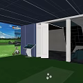 Modern Entertainment Room With Simulated Golf Large Screen Green Turf And Comfortable Lounge Area