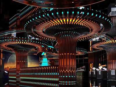 Futuristic Bar Interior Design With Unique Lighting Decorative Columns And Modern Bar Counter 3d model