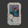 Retro Futuristic Handheld Device With Metallic Casing Digital Screen And Blue Buttons