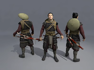 Three Ancient Warrior Characters Wearing Armor Carrying Round Shields And Weapons 3d model