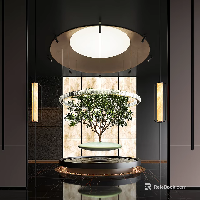 Modern Indoor Decor With Central Plant On Circular Platform And Hanging Lights 3d model 